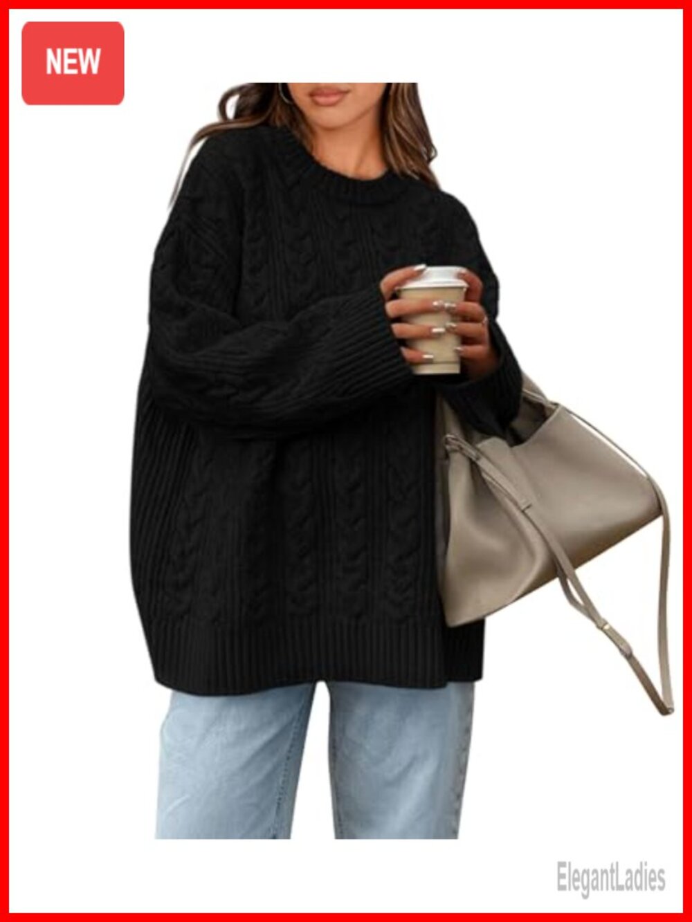 Oversized Cable Knit Sweater Crewneck Long Sleeve Pullover